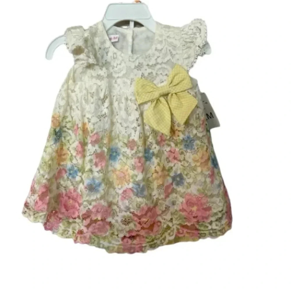 Bonnie Baby Toddler Girl Flutter Sleeve Floral Lace Dress with Shorts Sz 12m NWT